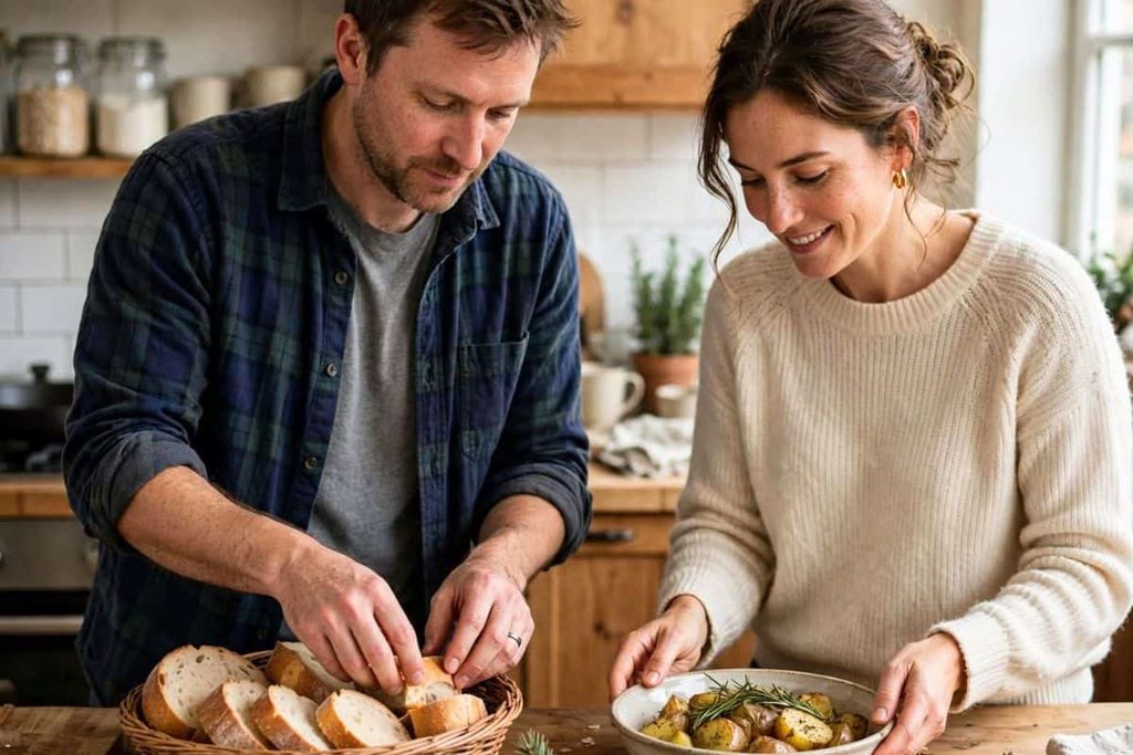 Two family members sharing meal preparation in a kitchen with holiday decorations.