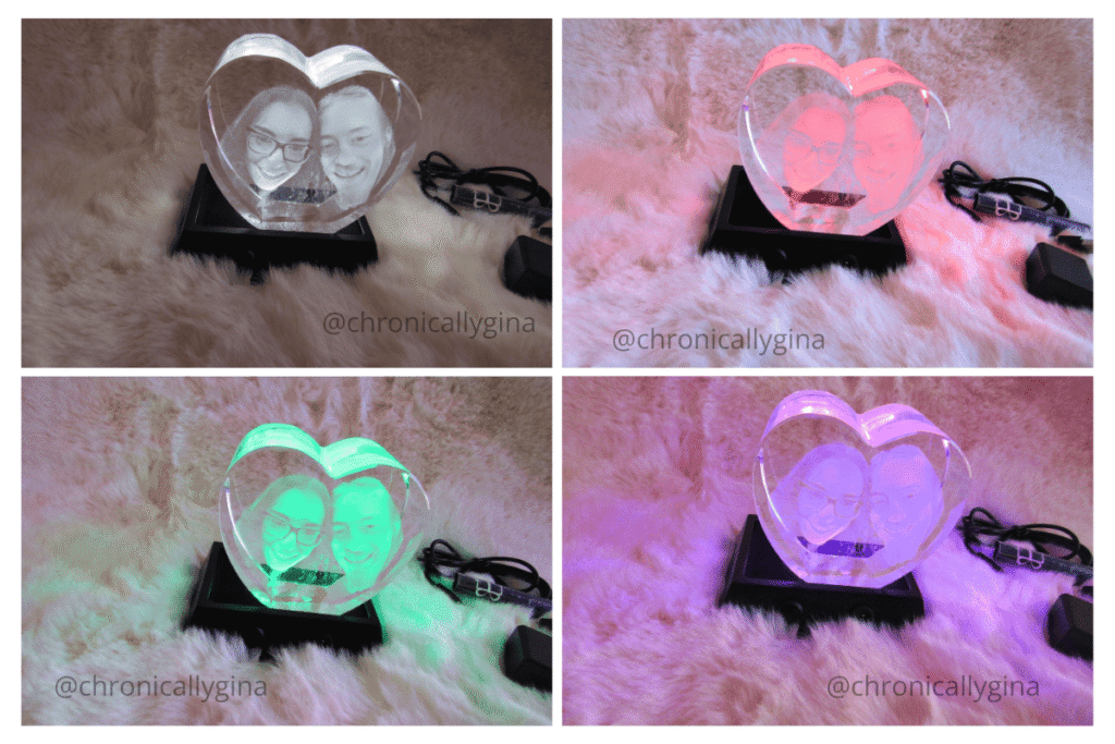 Heart-shaped 3D crystal photo light with color-changing LED base showing a couple’s engraved image, a personalized keepsake featured in a holiday gift guide by budget.