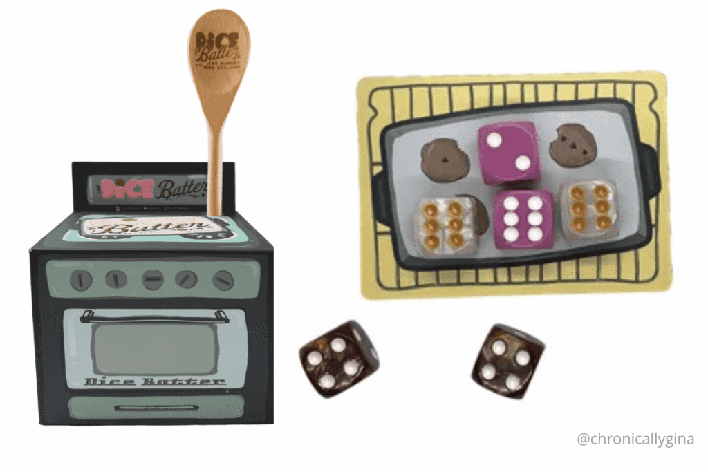 Dice Batter baking-themed board game with oven packaging, wooden spoon, and cookie sheet dice setup, a fun family game featured in a holiday gift guide by budget