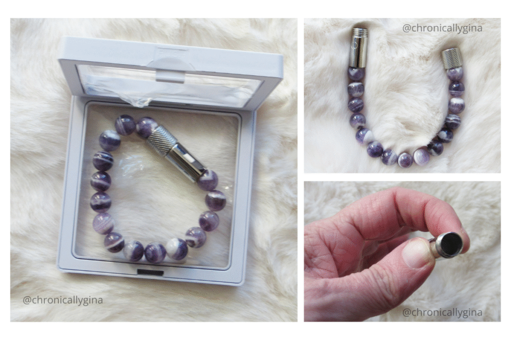 Enusia pill holder bracelet with purple gemstone beads and a hidden stainless steel compartment, displayed in packaging and close-up shots for a unique wellness gift idea.