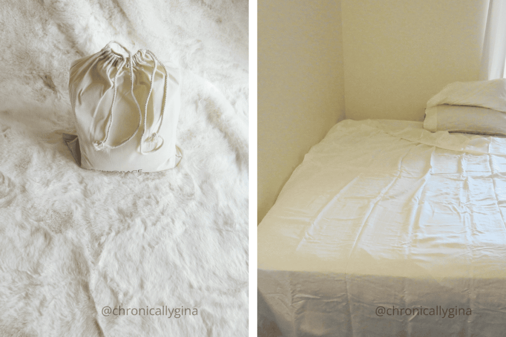 EverGrace bedding set shown in its drawstring bag and displayed on a neatly made bed with white sheets, a cozy home gift featured in a holiday gift guide by budget.