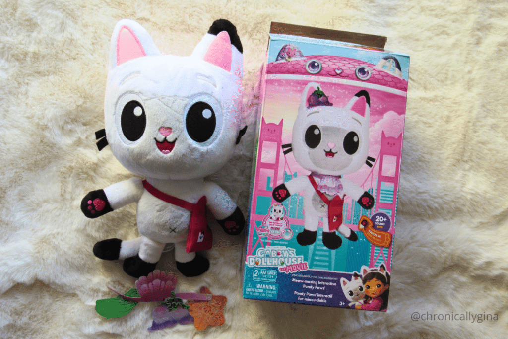 Gabby’s Dollhouse Pandy Paws interactive plush toy with box and accessories, a fun talking cat toy for kids featured in a holiday gift guide by budget.