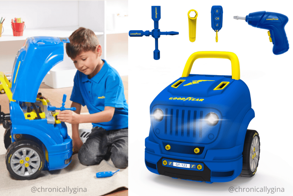 Goodyear kids’ car engine repair kit with toy tools and interactive blue car, a fun hands-on STEM gift idea for children featured in a holiday gift guide by budget.