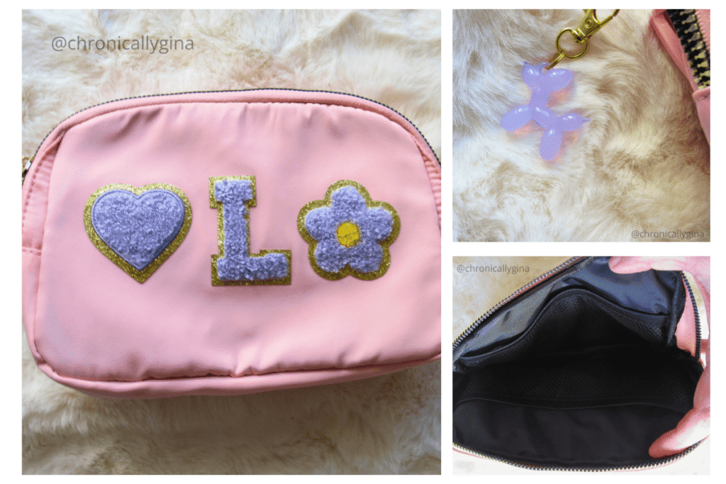 Isola Bella Boutique pink cosmetic bag with chenille heart and flower patches, balloon dog keychain, and roomy interior, a stylish accessory featured in a holiday gift guide by budget.