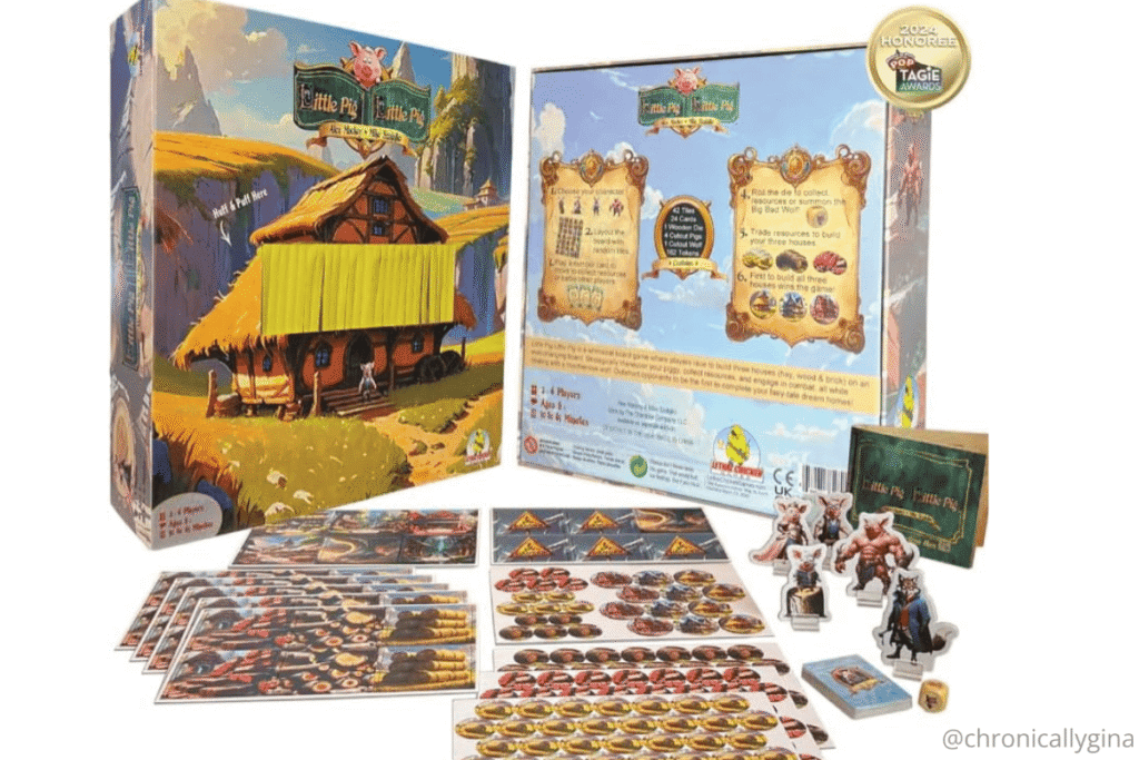 Little Pig Little Pig board game with box, cards, and tokens, a fun family game inspired by the Three Little Pigs, featured in a holiday gift guide by budget.