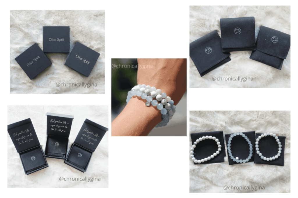 Otter Spirit gemstone bracelets in sleek black packaging and worn on wrist, a meaningful and stylish jewelry gift featured in a holiday gift guide by budget.