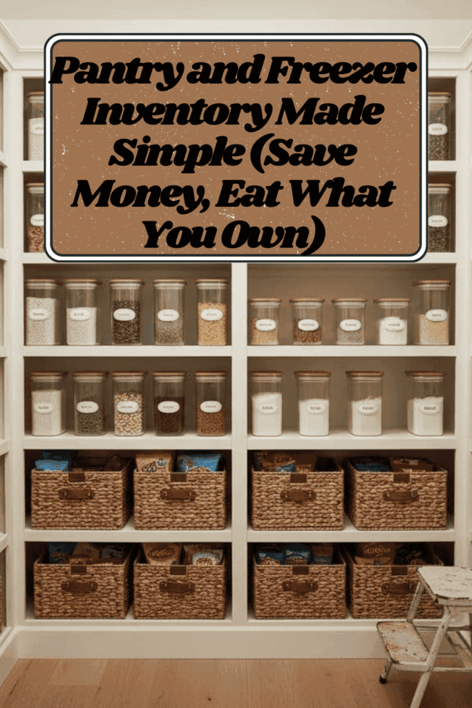 Neatly organized pantry shelves with clear containers and labeled jars showing an easy pantry and freezer inventory system to save money and reduce food waste.