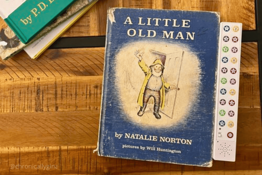 A Little Old Man children’s book by Natalie Norton displayed with a recordable book buddy device, a nostalgic and meaningful reading gift featured in a holiday gift guide by budget.