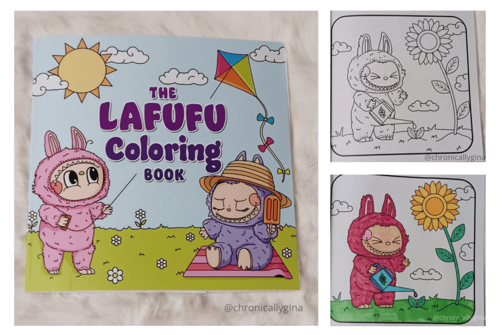 The image features The LaFuFu Coloring Book displayed on a soft background. The main cover shows two adorable characters in pink and purple fuzzy costumes enjoying a sunny day with flowers and a kite. The right side shows two inside pages — one with an uncolored drawing of a character watering a sunflower and another of the same image colored in bright shades of pink, yellow, and green. The setup highlights this fun and creative coloring book.