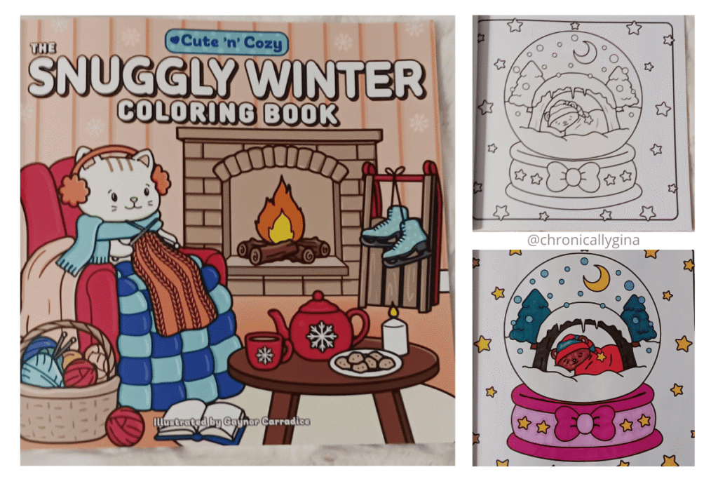 The Snuggly Winter Coloring Book cover featuring a cozy winter scene with a cat wrapped in a blanket by the fireplace, along with two coloring pages of a snow globe—one uncolored and one completed in bright colors—showcased as a relaxing budget-friendly gift idea for all ages.