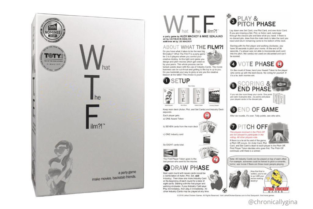 What The Film?! movie-themed party card game by Lethal Chicken Games with box and instructions, a creative and hilarious game night pick featured in a holiday gift guide by budget.