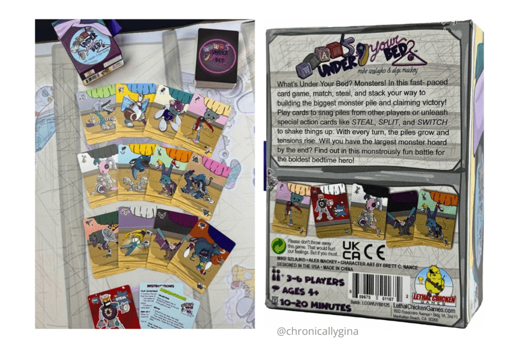 What’s Under Your Bed? card game by Lethal Chicken Games shown with its box, cards, and instructions, featuring colorful monster characters—an imaginative budget-friendly gift idea perfect for family game nights or kids who love silly, spooky fun.