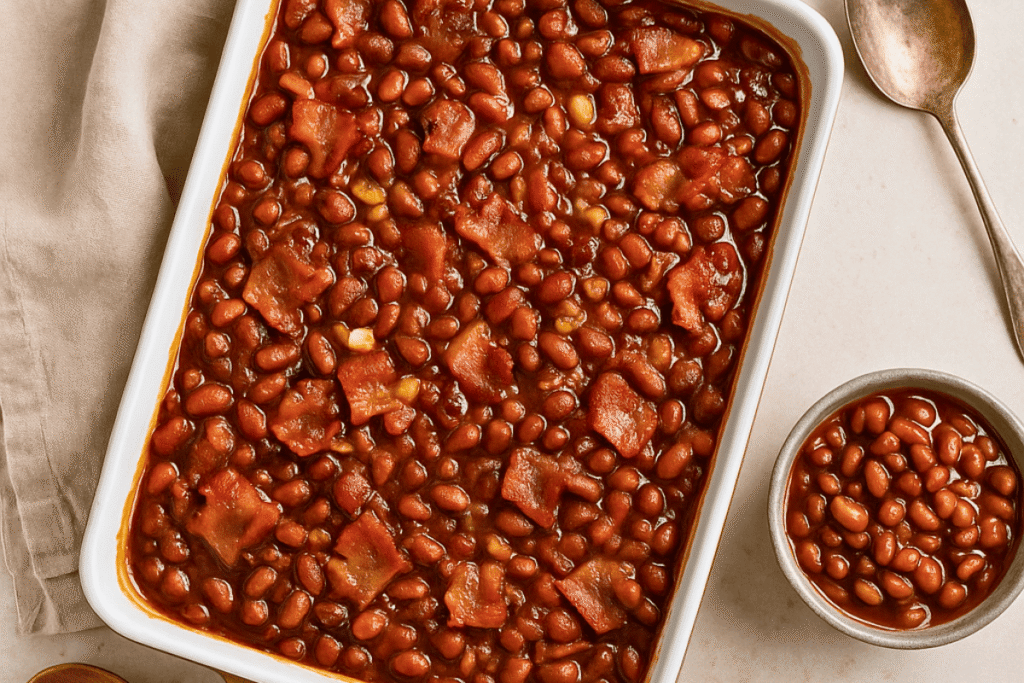A flatlay of baked bean casserole in a white ceramic baking dish, topped with pieces of bacon and onions in a rich brown sauce, surrounded by small bowls of beans and wooden serving spoons on a neutral background.