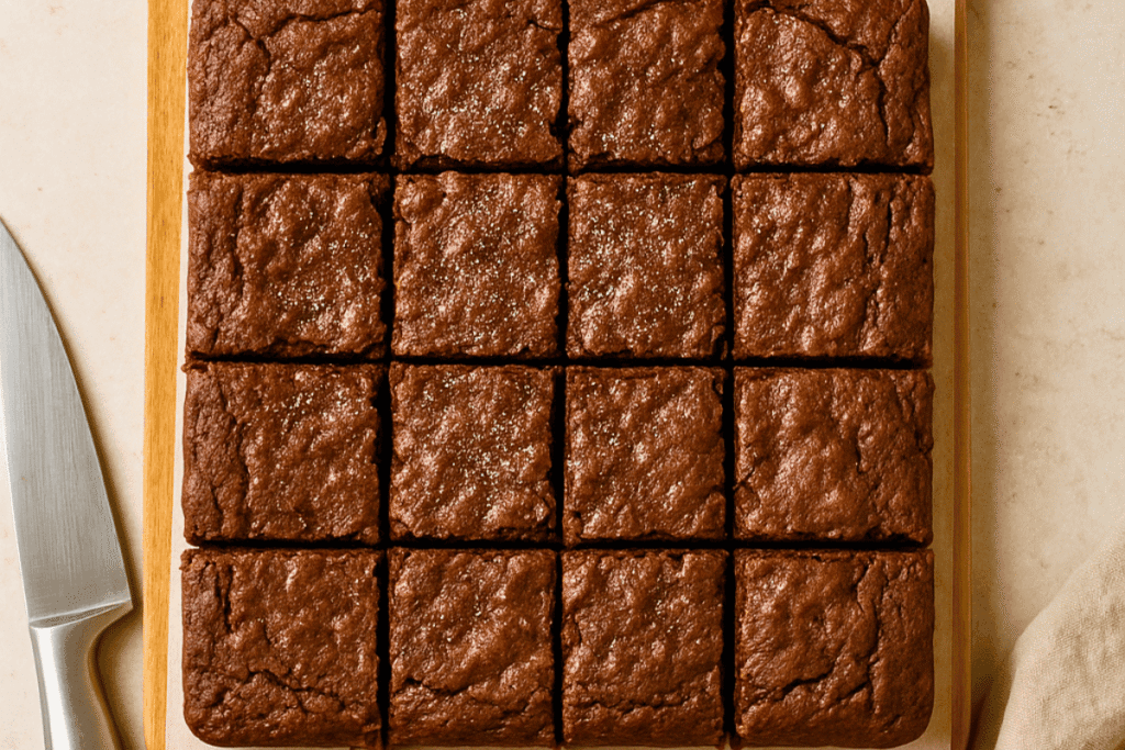 A flatlay of freshly baked fudgy brownies cut into neat squares on a wooden board lined with parchment paper, with a knife, a small bowl of sugar, and a beige linen cloth on a neutral background.