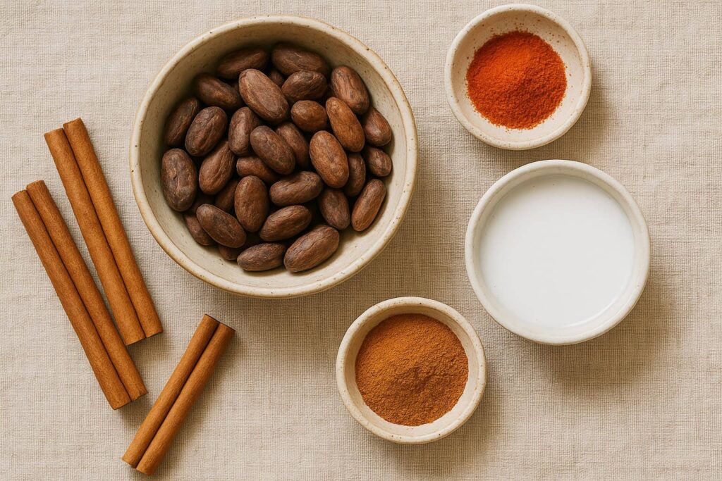 Flat lay of ceremonial cacao ingredients including raw cacao, cinnamon sticks, cayenne, and coconut milk for authentic preparation.