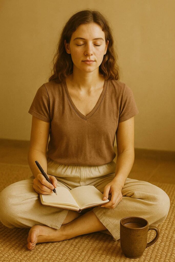 A cozy setup with a journal, pen, and cacao mug used for intention setting during a cacao ceremony.