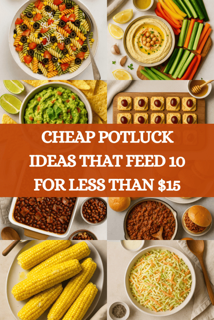 A collage image showcasing cheap potluck ideas, including pasta salad, hummus with veggies, guacamole with chips, cheese and crackers, baked beans, sloppy joes, corn on the cob, and coleslaw with the title text overlay “Cheap Potluck Ideas That Feed 10 for Less Than $15.”