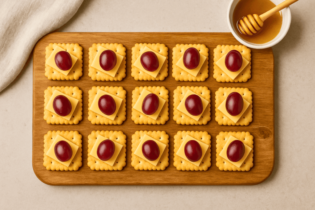 A flatlay of cheese and cracker bites arranged neatly on a wooden board, each topped with a slice of cheddar cheese and a red grape, with a bowl of honey and a linen napkin nearby on a neutral background.