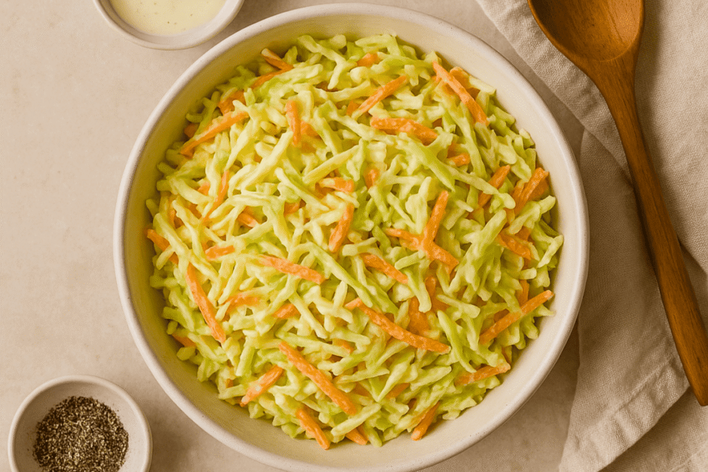 A flatlay of classic coleslaw made with shredded green cabbage and carrots in a creamy dressing, served in a white ceramic bowl with small dishes of pepper and dressing, and a wooden spoon on a beige surface.