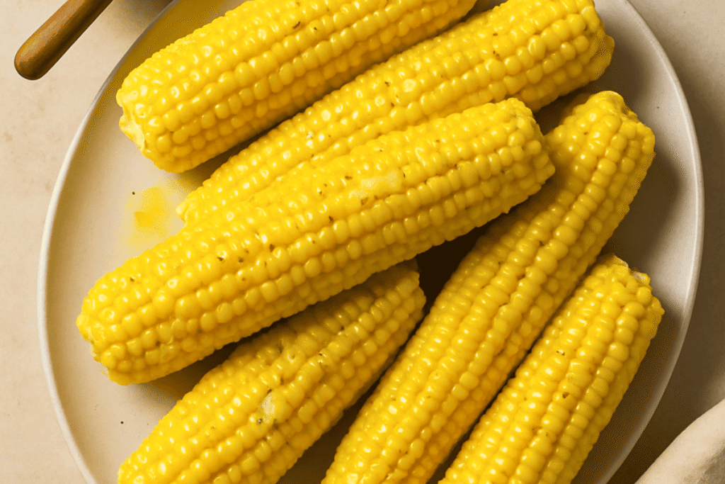 A flatlay of six golden-yellow corn on the cob pieces brushed with melted butter, served on a round plate with a bowl of butter and a butter knife on a beige background.
