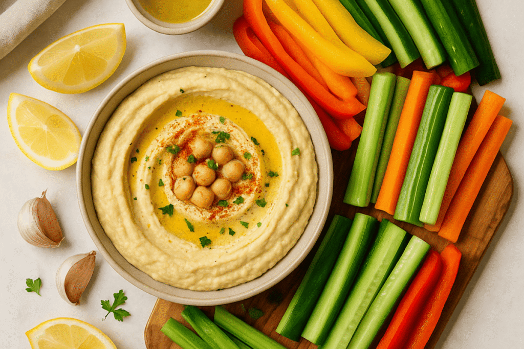 A flatlay of creamy hummus topped with olive oil, paprika, and chickpeas, surrounded by fresh veggie sticks including carrots, celery, cucumbers, and bell peppers on a wooden board.