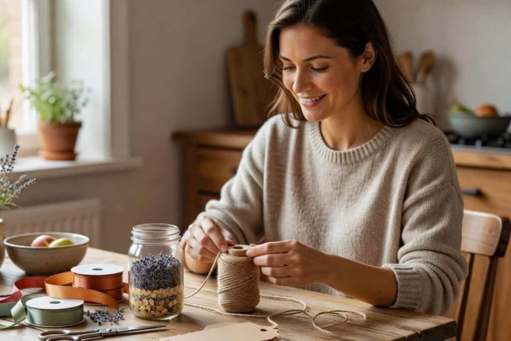 Easy homemade gift ideas being assembled at a kitchen table
