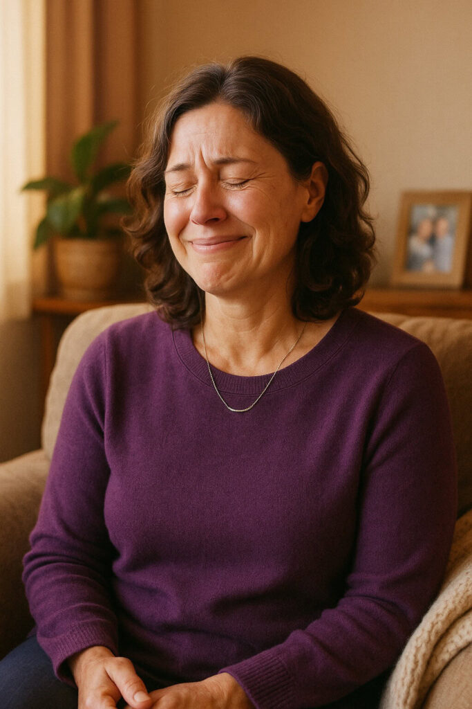 A heartfelt image of someone smiling through tears or exhaling deeply in a safe, healing environment.