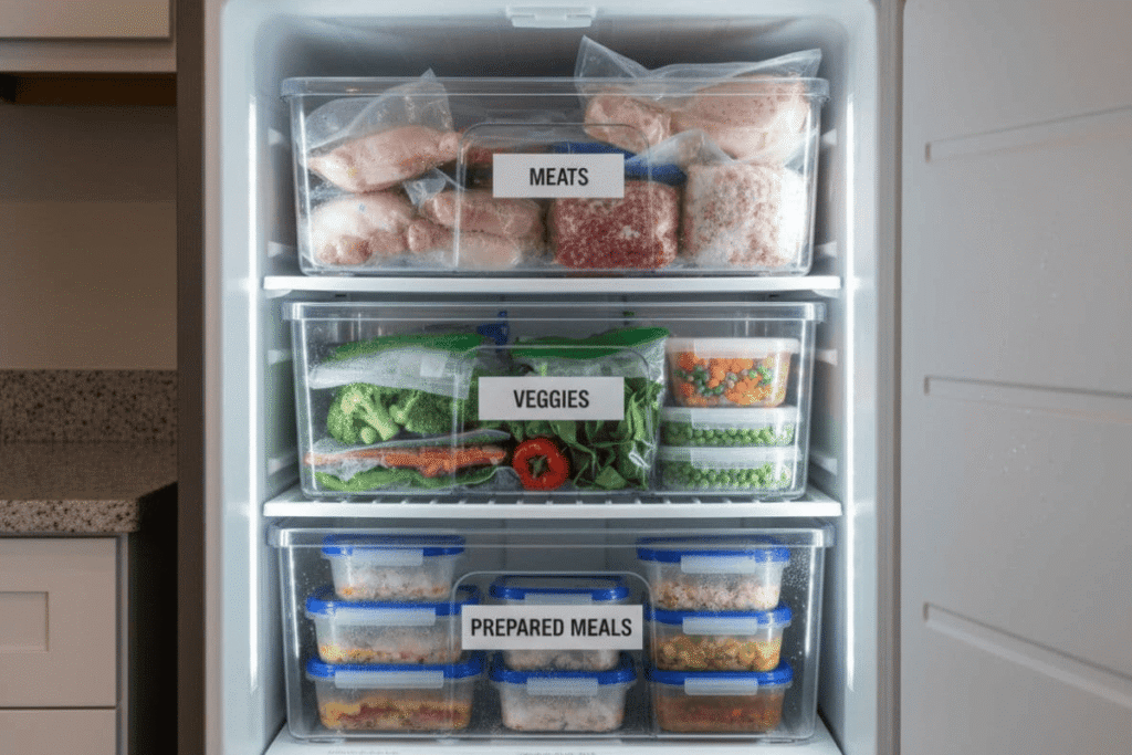 freezer with labeled bins organized by category for easy meal planning