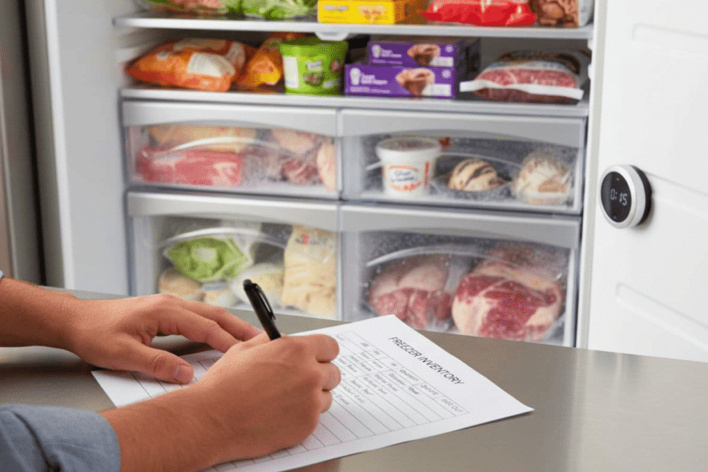 person writing on a freezer inventory sheet to track frozen foods