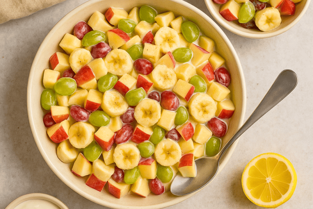 A flatlay of fresh fruit salad with diced apples, sliced bananas, and grapes in a creamy yogurt dressing, served in a large ceramic bowl with a spoon, small bowls of salad, and a halved lemon on a neutral background.