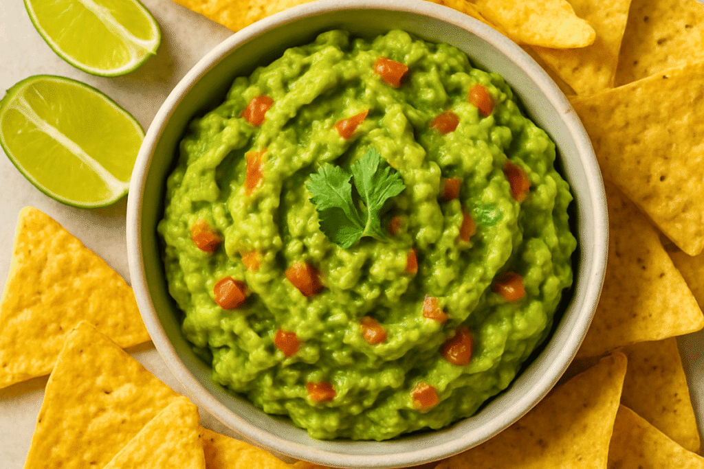 A flatlay of a rustic bowl filled with fresh guacamole topped with diced tomatoes and cilantro, surrounded by golden tortilla chips and lime wedges on a light neutral background.