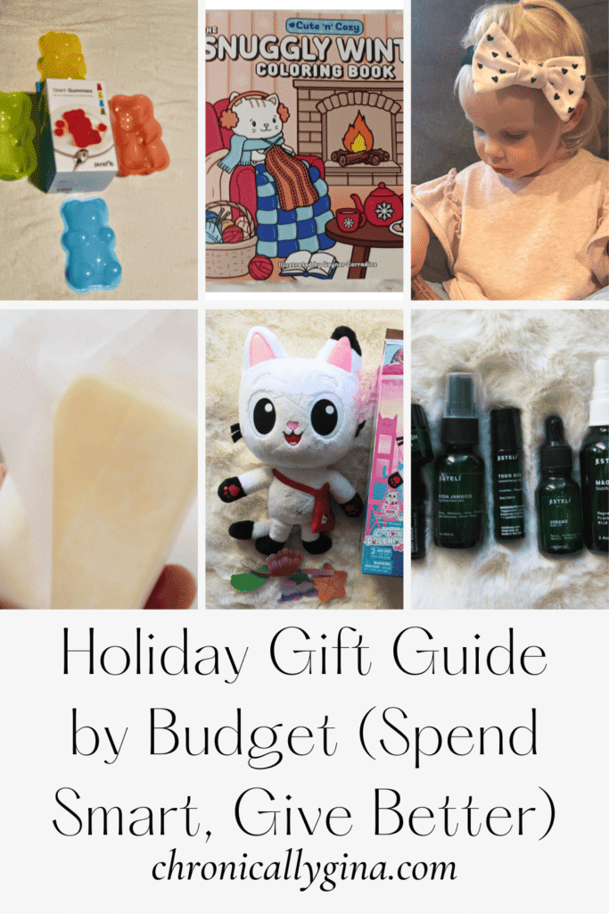 Pinterest pin image titled “Holiday Gift Guide by Budget (Spend Smart, Give Better)” featuring a collage of affordable gift ideas including skincare, toys, matcha sets, and self-care items displayed on a soft cream background, showcasing thoughtful and budget-friendly holiday presents.