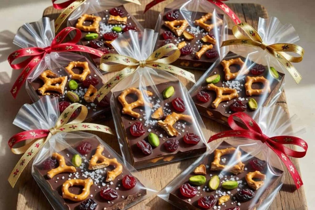 Homemade chocolate bark packaged for gift giving