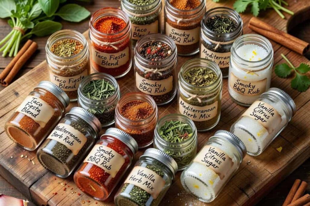Homemade spice blends packaged as gifts