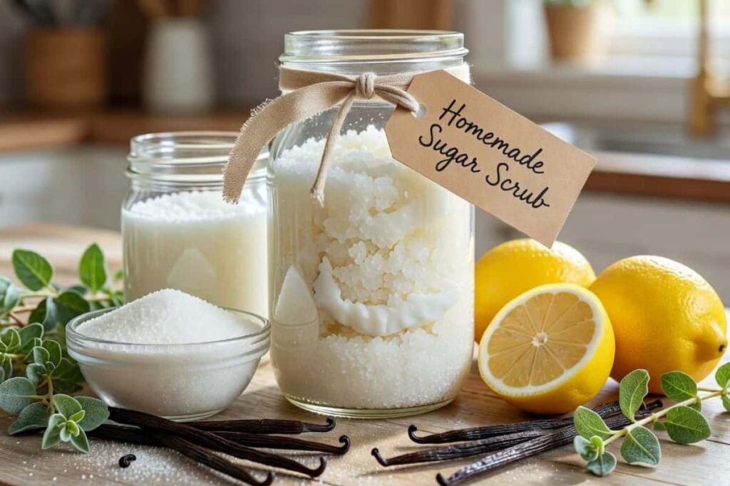 Homemade sugar scrub gift in a glass jar