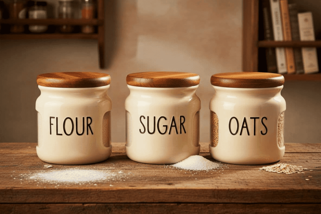 close-up of glass jars labeled flour, sugar, and oats in organized pantry