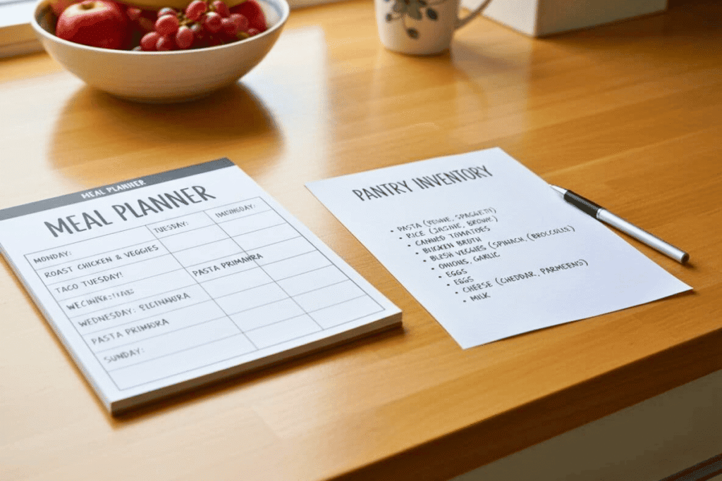 meal planner notebook next to pantry inventory list on kitchen counter