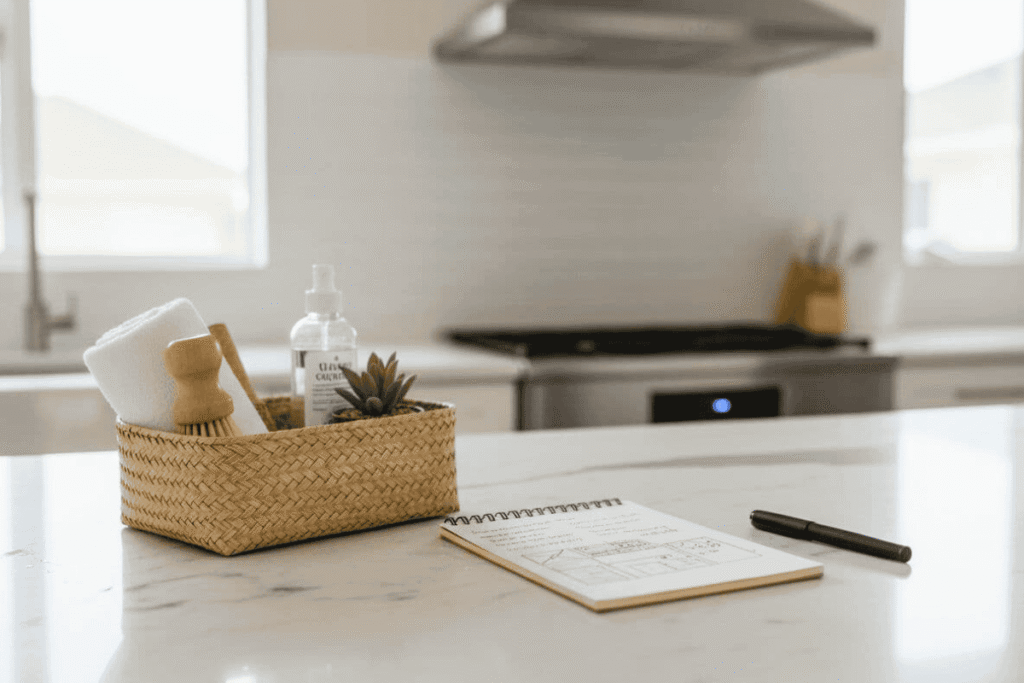 minimalist kitchen counter with small basket of essentials and planner