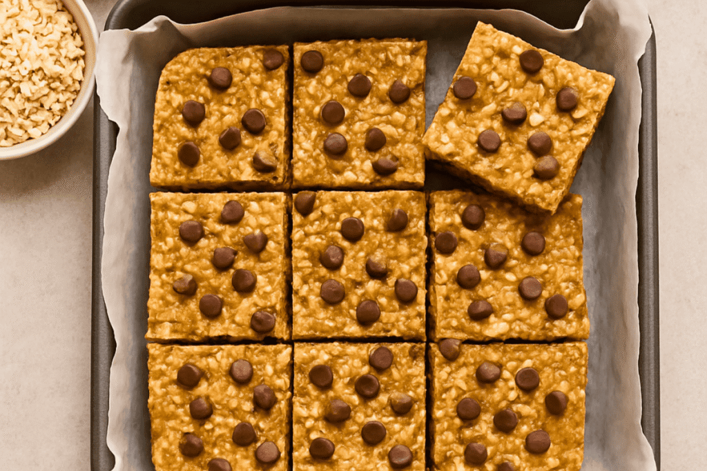 A flatlay of no-bake cookie bars made with oats, peanut butter, and chocolate chips, sliced into squares in a baking pan with a few bars placed on parchment paper beside scattered ingredients on a neutral background.