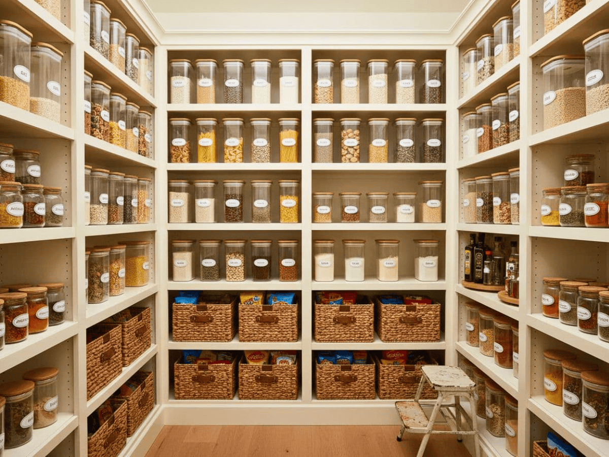 Organized pantry shelves filled with labeled jars, baskets, and clear storage containers neatly arranged to show an easy and affordable home food organization system.