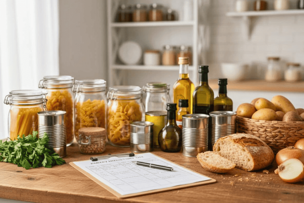pantry inventory checklist on clipboard next to labeled food storage containers