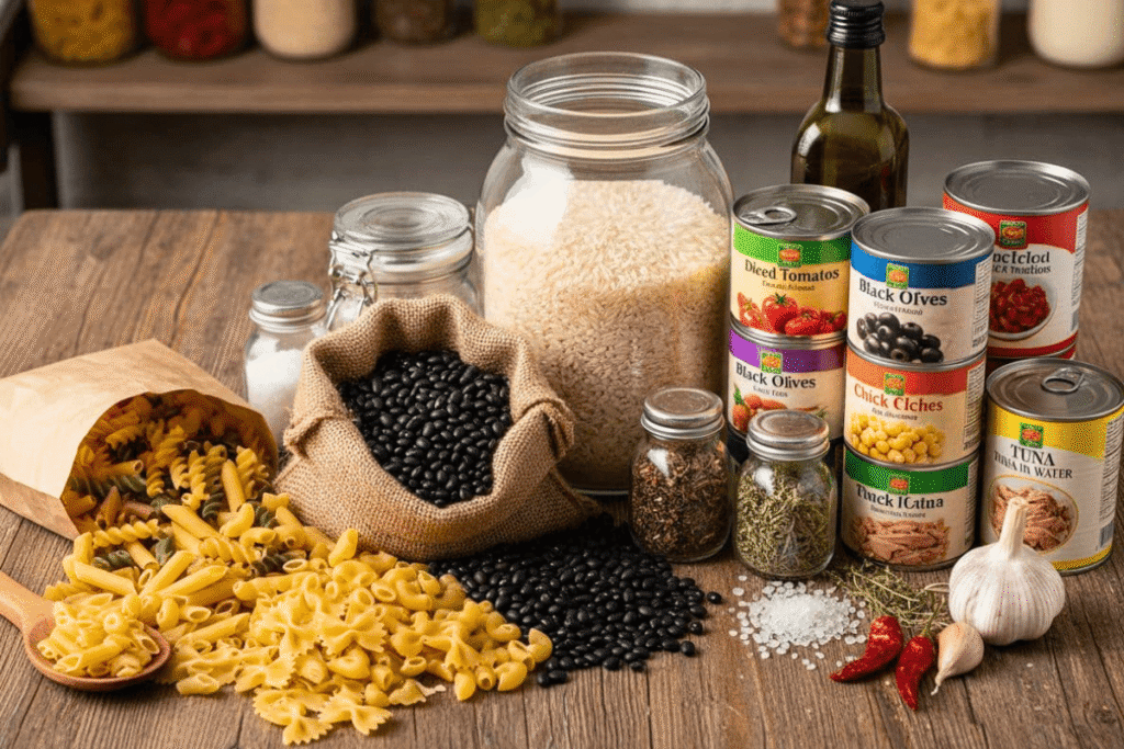 flat lay of pantry staples including rice, beans, pasta, and canned vegetables