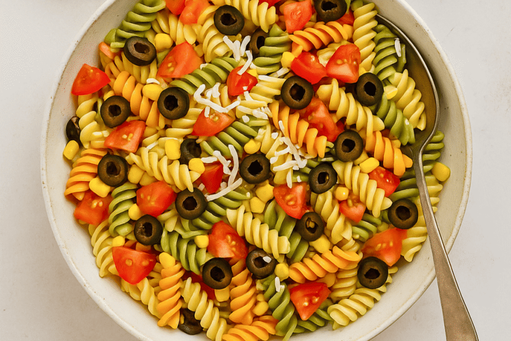 A flatlay of colorful pasta salad made with tri-color rotini, diced tomatoes, black olives, corn, and shredded cheese in a ceramic bowl, served with Italian dressing on a light neutral surface.