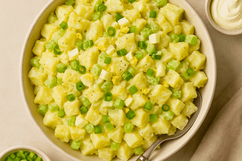 A flatlay of creamy potato salad in a white ceramic bowl, made with diced potatoes, celery, and hard-boiled eggs, garnished with chopped green onions and served with small bowls of mayonnaise and celery on a neutral background.