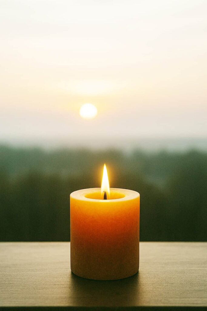 Peaceful sunrise with candles symbolizing emotional renewal and reflection after a cacao ceremony.