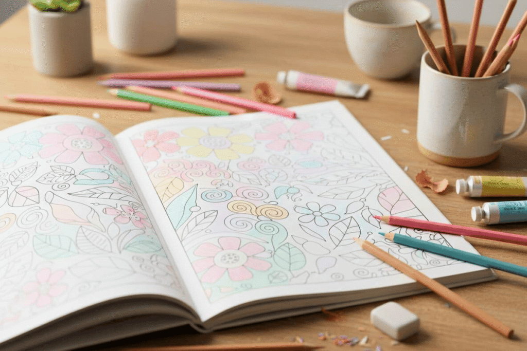 Adult coloring page with pencils and soft colors, showing how calming hobbies like coloring support focus and relaxation.