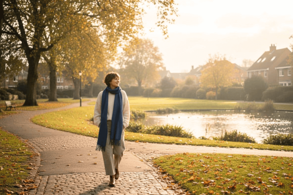 Person walking slowly outdoors in soft sunlight, showing how gentle movement can act as a calming hobby.