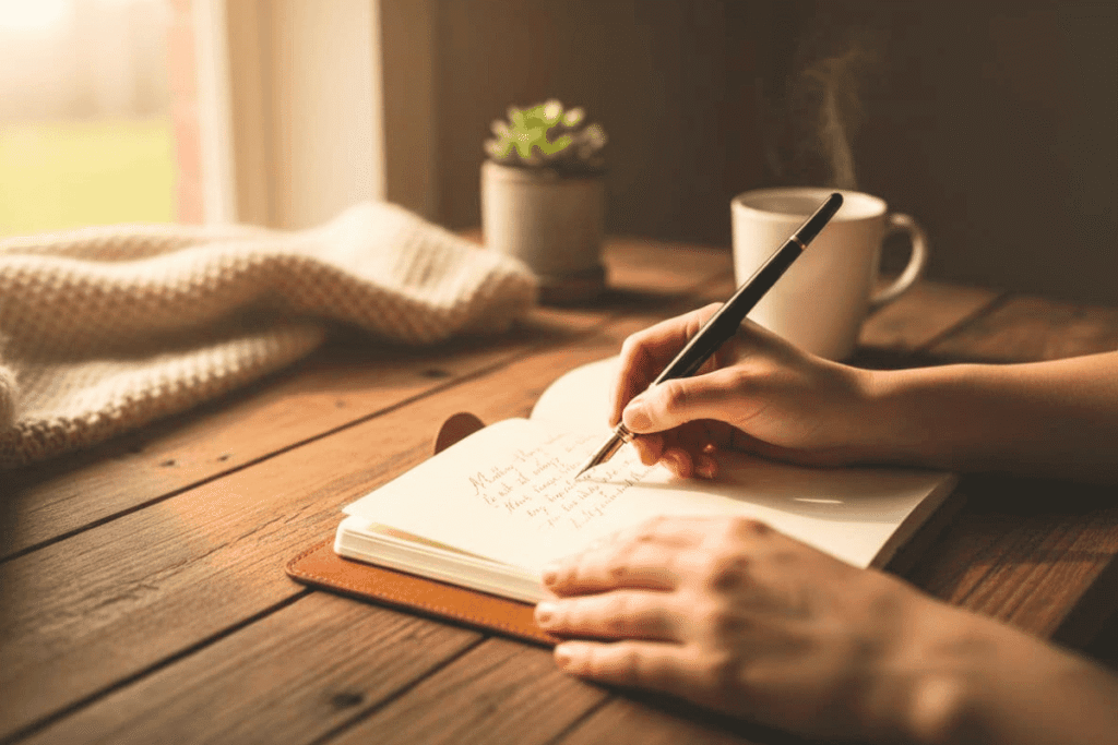 Close-up of hands writing in a notebook with soft natural light, illustrating journaling as a calming hobby for anxiety relief.