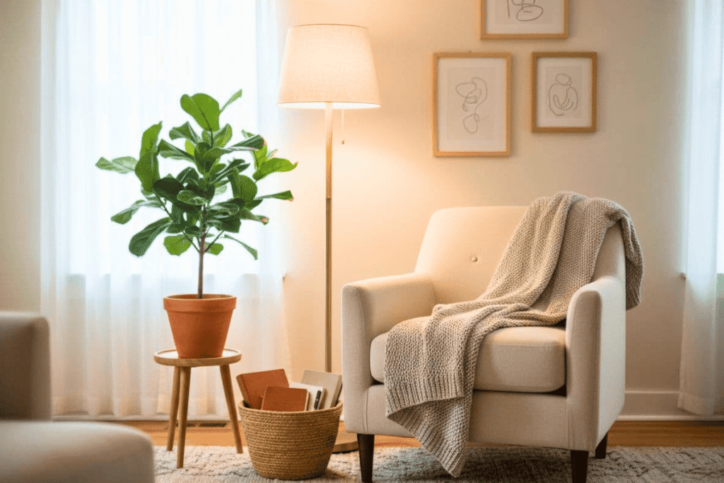 Cozy corner with a chair, lamp, blanket, and plant arranged to inspire a dedicated relaxation space for calming hobbies.