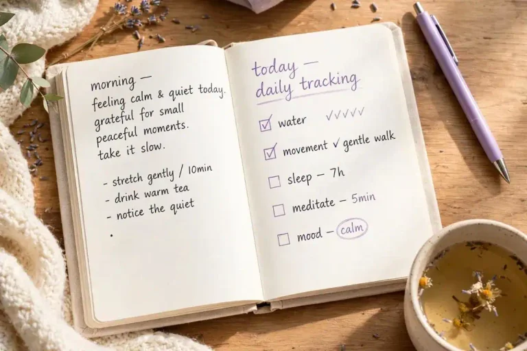 Open wellness journal with a pen and cup of tea on a cozy desk, illustrating a daily chronic pain diary.